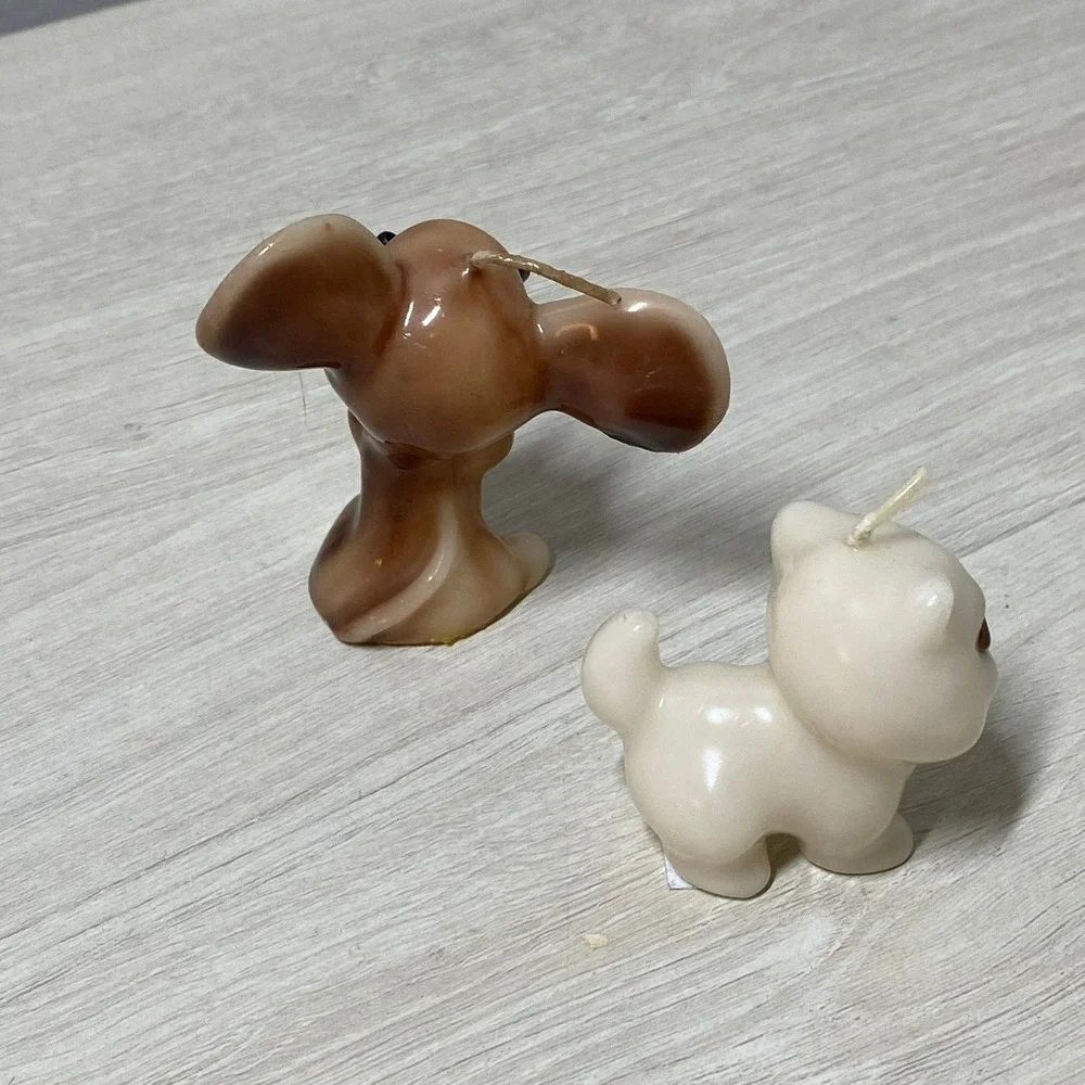 Vintage Animal Figurine Candles Set Brown Marbled Mouse and White Kitten Unused